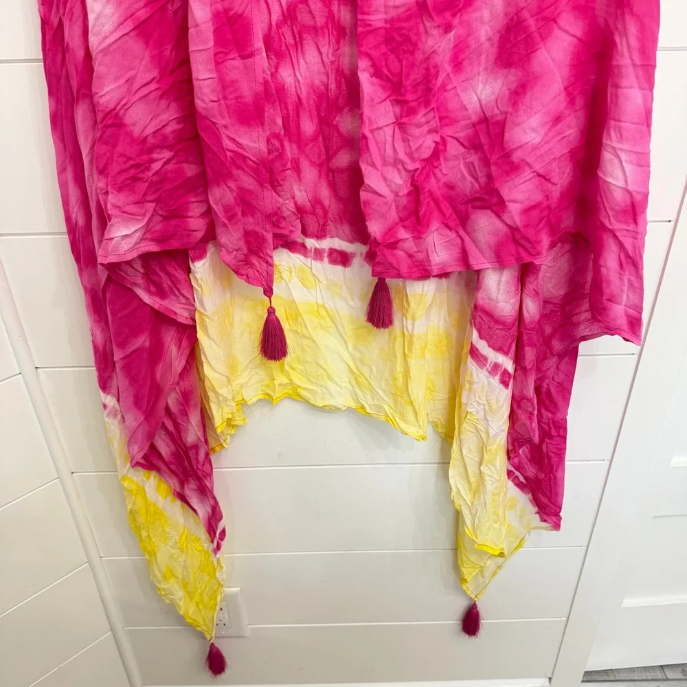 Aqua Tie Dye Tassel Shawl Wrap Pink Yellow Lightweight Kimono NWT 36274 - Picture 3 of 11